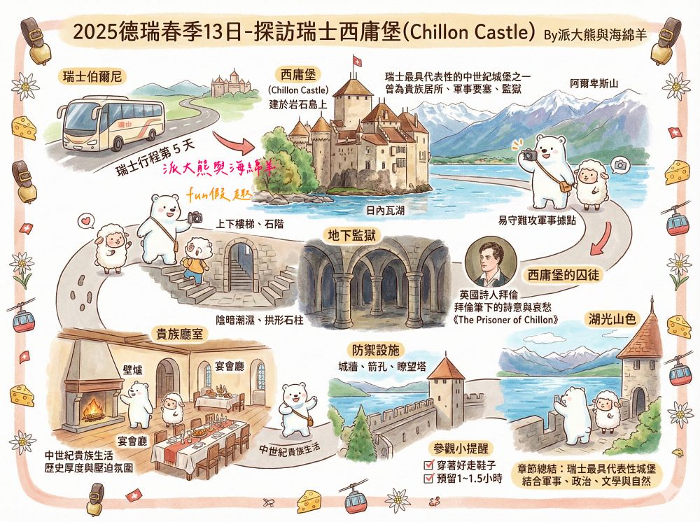 西庸堡Château de Chillon瑞士蒙特勒︱漂浮在日內瓦湖上的中世紀童話古堡！是皇宮還是監獄？走進拜倫筆下的詩意與哀愁（含交通攻略）～春季德瑞13日夢幻跟團︱DAY5-3
