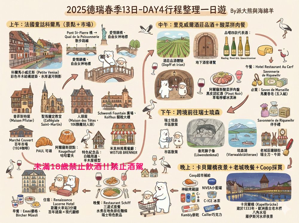 德法瑞懶人包︱法國科爾馬Colmar&里克威爾Riquewihr、瑞士琉森Luzern景點、購物、美食、住宿、伴手禮～春季德瑞13日夢幻跟團︱DAY4行程整理