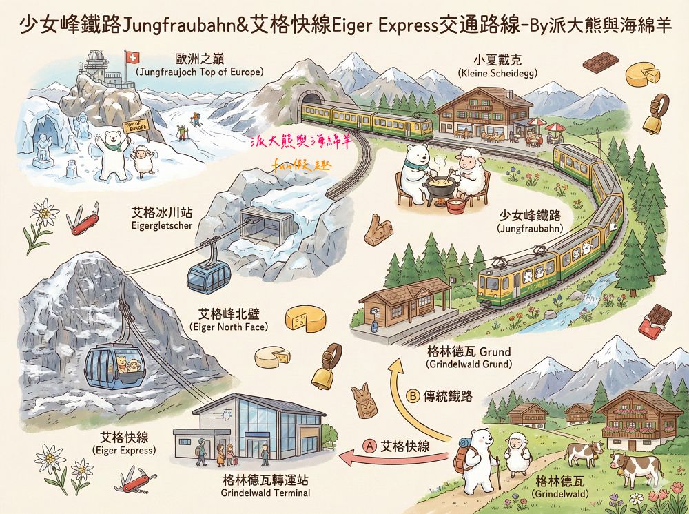少女峰鐵路Jungfraubahn絕美視角：百年傳奇鐵路&艾格快線纜車，解鎖歐洲之巔（Top of Europe） 絕美雪景～春季德瑞13日夢幻跟團︱DAY6-1